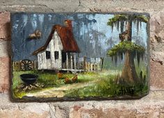 Oil painting on slate, Painting On Slate Ideas, Camp Bathroom, Swamp Painting, Slate Ideas, Louisiana Art, Cabin Art, Canvas Paint, Paint Ideas, Wall Art Pictures