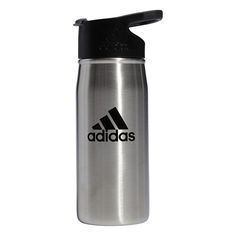 the adidas stainless steel water bottle with black lid is shown on a white background