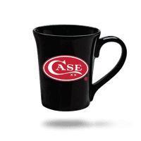 a black coffee mug with the ase logo on it