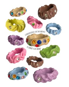 six different colored hair clips with crystals on each one and the words chewing gum ring