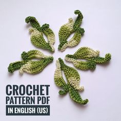 crochet pattern book cover with four green leaves in the middle and text overlay that reads, crochet pattern pdf in english us