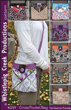 the cross - pocket bag pattern is shown in many different styles and sizes, including one with