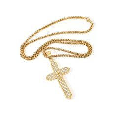 18K Gold Plated Cross Necklace Religious Jewelry Cubic Zirconia Crucifix Nazareth Store Gold Cubic Zirconia Cross Pendant Necklace, Gold Cubic Zirconia Jewelry With Box Chain, Gold Necklace With Cross Pendant And Box Chain, Gold Cubic Zirconia Box Chain Necklace, Catholic Cross, Catholic Necklace, Box Chain Necklace, Plate Design, Religious Jewelry