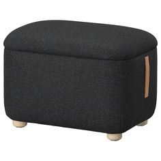 a black ottoman with wooden legs and an upholstered cushion on the back side