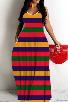 OrcaJump - Floor-Length Long Sleeve Beachy Chic Dresses Striped Casual Maxi Dress For Beach, Casual Multicolor Maxi Dress, Casual Red Maxi Dress For Beach Season, Casual Multicolor Maxi Dress For Beach Season, Women On Vacation, Beachy Chic, Vacation Maxi Dress, Plus Size Summer Dresses, Slip Dresses