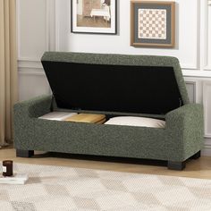 a living room scene with focus on the sofa bed and its open storage compartment in the middle