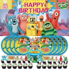 an assortment of birthday decorations including cupcakes, plates and cups with characters on them