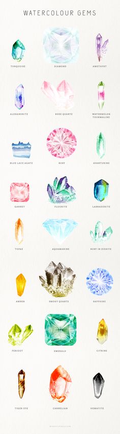 Watercolor gems Watercolors Ideas, Watercolor Gem, Drawing Tattoo, Jewelry Illustration, Jewellery Sketches, Watercolor Inspiration, Ideas Creative, Pics Art, Art Watercolor