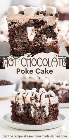 a slice of chocolate poke cake with marshmallows on top