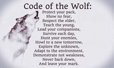 a wolf with its mouth open and the words code of the wolf written below it