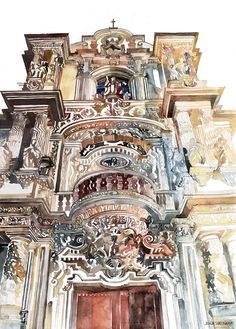 a watercolor painting of a building with ornate designs on the front and side walls