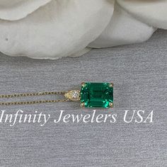 "The pendant pictured is a lab created emerald and diamond #6648 -Approximate total carat weight: approx. 2.55ctw diamond equivalent -Center Stone Size: 9x7mm - approx. 2.50ct diamond equivalent -Center Stone Shape: emerald cut -Gem Type: lab created emerald -Stone Clarity: VS2 -Stone Color: Green -Moh's Scale: 8.5 hardness -Accent Stone Size: round approx. 0.04ct. diamond equivalent -Gem Type: genuine diamond -Stone Clarity: SI1 -Stone Color: G -Moh's Scale: 10 hardness -Metal Type and Purity: Formal Gia Certified Emerald Necklace, Gia Certified Green Necklace For Formal Occasions, Formal Green Gia Certified Necklace, Luxury Emerald Necklace For May Birthstone Anniversary, Exquisite Diamond Emerald Necklace May Birthstone, Emerald Necklace With Diamond Accents For Anniversary, Exquisite Diamond Emerald Necklace For May Birthstone, Formal Emerald Necklace With Diamond For May Birthstone, Gia Certified Emerald Cut Fine Jewelry Necklaces