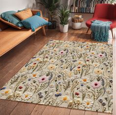 a rug with flowers on it in a living room