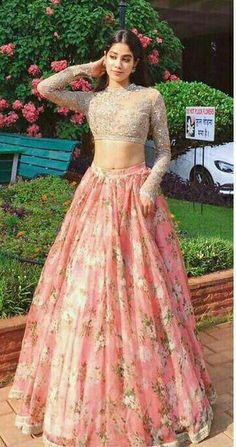 Two Piece Lace Prom Dress Indian Gold And Pink Prom Dress With Sleeve #VB2644 Prom Dress Indian, Gold Lehenga, Lehnga Dress, Pink Prom Dress, Lace Prom Dress, Ghagra Choli, Dress Indian