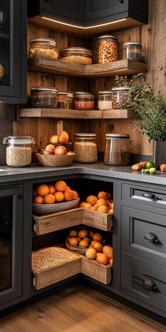 an open cabinet in a kitchen filled with lots of fruits and vegetables, including oranges