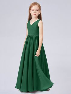 Description: V Neck Sleeveless Chiffon Junior Bridesmaid Dress Details: Silhouette: A-line Fabric: Chiffon Neckline: V Neck Sleeve Length: Sleeveless Embellishment: Pleated Floor-length chiffon dress. With padding and boning. Available in full-size range (J4-J16) and in custom size Ask a question Bridesmaid Dresses Green, Girl Green Dress, Turquoise Bridesmaid Dresses, Dress Georgette, Lavender Bridesmaid Dresses, Lilac Bridesmaid Dresses, Girls Bridesmaid Dresses, Full Maxi Skirt, Junior Bridesmaid Dress