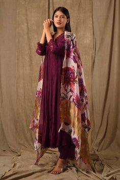 Purple three fourth sleeves Aliya cut solid kurta with schiffli floral lace embellishments on the neck, sleeves hem, border and pleated-gathered flare detailing. Paired with a lace hem pant and botanic blossom printed dupatta. - Aza Fashions Purple Straight Kurta With Sheer Dupatta, Purple Georgette Kurta With Sheer Dupatta, Purple Kurta With Sheer Dupatta For Diwali, Purple Kurta With Sheer Dupatta For Festivals, Jaipur Anarkali, Lace Anarkali, Lace Embellishments, Women Kurta, Printed Dupatta