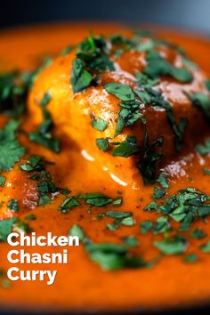 chicken chasini curry in a red bowl with parsley on top and the words chicken chasini curry above it