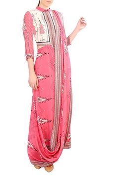 Shop for Soup by Sougat Paul Pink Crepe Silk Pre-draped Printed Saree for Women Online at Aza Fashions Dhoti Sari, Jacket Style Blouse, Saree Draping Styles, Saree Draping, Saree For Women, Drape Saree, Printed Saree, Pink Abstract, Pink Saree