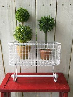 two potted plants sitting in a wire basket on top of a red bench