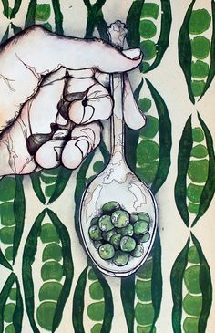 a painting of a hand holding a spoon with green beans in it