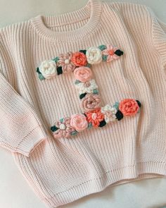 Embroidered Initials Letters, Cute Cotton Chunky Knit Sweater, Pink Sweater With Custom Embroidery For Fall, Cute Pink Sweater With Custom Embroidery, Color Combination Palette, Embroidered Baby Sweater, Hand Embroidered Sweater, Embroidered Sweaters, Spring Sweaters