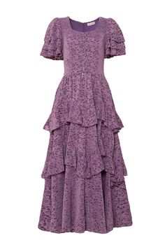 Effortless elegance comes to mind when thinking about our dreamy Solana Dress. Now available in a stunning purple lace. The adjustable corset tie on the bodice provides a personalized fit, while the short flutter sleeves add a touch of femininity. Featuring a square neckline, dazzling purple lace burnout fabric, hidden back zipper and maxi-length ruffle tiered skirt (with functional pockets). Perfect for any special occasion. Purple Lace Dress With Ruffles, Purple Lace Dresses With Ruffles, Purple Lace Dress With Fitted Bodice, Lace Dress With Ruffles And Fitted Bodice, Purple Fitted Tiered Dress, Fitted Lace Dress With Ruffles For Garden Party, Elegant Lavender Tiered Dress, Lace Tiered Dress With Fitted Bodice, Feminine Fitted Tiered Lace Dress