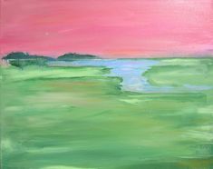 an abstract painting with green, pink and blue colors on the water's edge