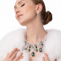 The Empress Necklace is an absolute standout! Created by our Artisan jewellers in Melbourne and the latest addition to our 2023 Collection. Make a entrance wearing this beautiful statement necklace for your special occasion. Grade A quality crystal in Emerald catch the light, pair with the matching Stevie earrings. All stones are set within claws so your piece will last a lifetime.  Plated in precious metal Rhodium. This piece can be made so the length of the necklace is adjustable. Australian M The Empress, 2023 Collection, Precious Metal, Bridal Necklace, Independent Designers Fashion, Bridal Earrings, Bridal Accessories, Precious Metals, Fashion Earrings