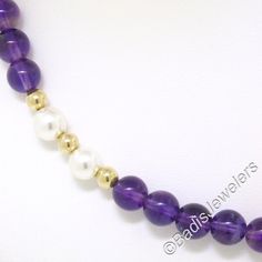 This unique and lovely looking necklace features 94 round, genuine, amethyst beads separated by 8 stations which are each comprised of 2 round cultured pearls and 3 petite solid 14k yellow gold beads. The amethysts display very desirable and naturally varying shades of rich purple color. The pearls add a soft and elegant touch to the design with their grayish-ivory color and wonderful luster. The clasp is finely crafted from solid 14k yellow gold and features fine milgrain work and etched detail Classic Purple Round Bead Jewelry, Rich Purple, Blue Moonstone, Amethyst Beads, Emerald Diamond, Ivory Color, Strand Necklace, Cultured Pearls, Gold Beads