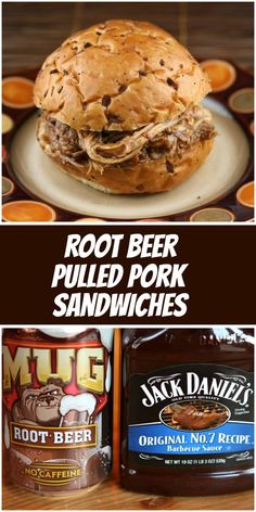 two pictures with different types of food and the words root beer pulled pork sandwiches on them