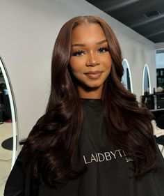 IG: laidbytima Chocolate Brown Quick Weave, Coloured Hair Black Women, Dark Brown Wigs Black Women, Black Woman Brown Hair, Chocolate Brown Wig Black Women, Fall Hair Color Black Women, Dyed Hair For Brown Skin, Sleeked Hairstyles, Brown Hair Black Women