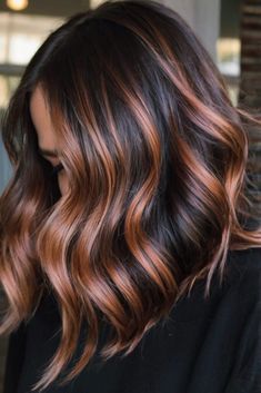 Copper On Brunette Hair, Copper Brown Hair Balayage, Dark Brown With Copper Highlights, Copper Hair With Dark Roots, Peak A Boo Hair, Copper Hair With Highlights, Dark Copper Hair Color, Copper Brown Hair