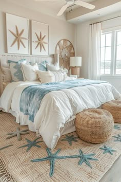 a bedroom with starfish rugs on the floor