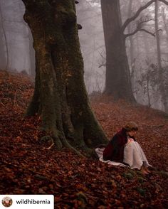 a woman sitting on the ground in front of a tree with leaves all around her