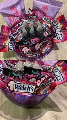 two bowls filled with candy and candies on top of a table