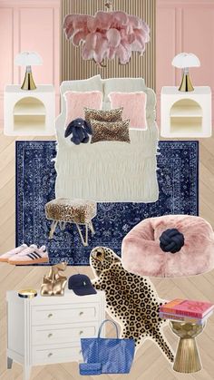 a bedroom with pink walls, leopard print rugs and accessories on the bed in it