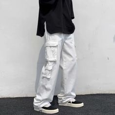 Male Trousers Wide Straight Men's Cargo Pants White Nylon Street Large Size Big Fashion Luxury Long Basketball Fashion, Celana Kargo, Male Trousers, Cargo Pants Style, White Cargo Pants, Men's Cargo Pants, Overalls Men, Casual Pants Style, Summer Trousers