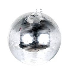 a shiny disco ball ornament on a white background with the reflection of an individual's face