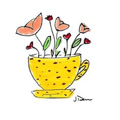 a drawing of flowers in a cup on a saucer with watercolor pencils