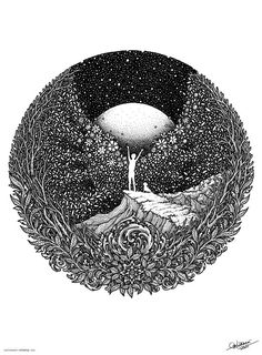 a drawing of a person standing on top of a hill with trees and stars in the sky