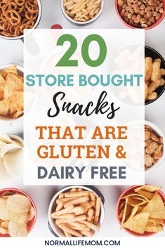 the top 20 store bought snacks that are gluten and dairy free with text overlay