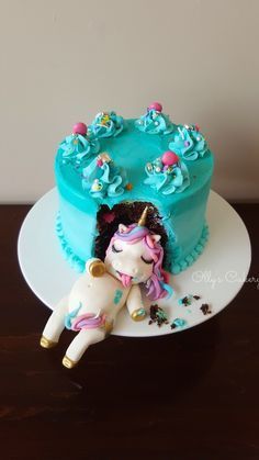 a cake decorated with an image of a unicorn