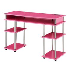 a pink desk with three shelves on each side