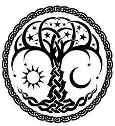 a celtic tree of life with stars and crescents in the center, black on white