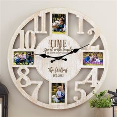 a wooden clock with photos on it and the words time spent with family is displayed