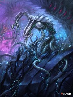 an image of a dragon attacking another creature in the water with lightning coming out of its mouth