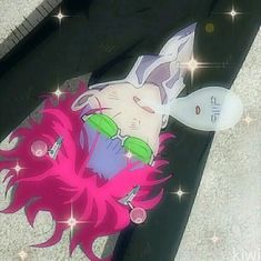 an anime character with pink hair laying on the ground