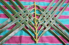 some green leaves are laying on a pink and blue striped towel, with stripes in the background