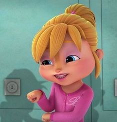 a cartoon character with blonde hair and blue eyes in a pink outfit standing next to a green wall